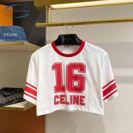 Celine 16 Cropped T-Shirt In Cotton Jersey Off White/Red Intense