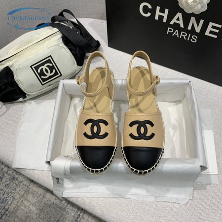 Chanel Women's CC Cap Toe Ankle Strap Espadrilles Leather