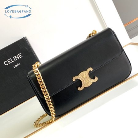 Celine Triomphe Chain Shoulder Bag With Rhinestone Lock In Shiny Calfskin Black