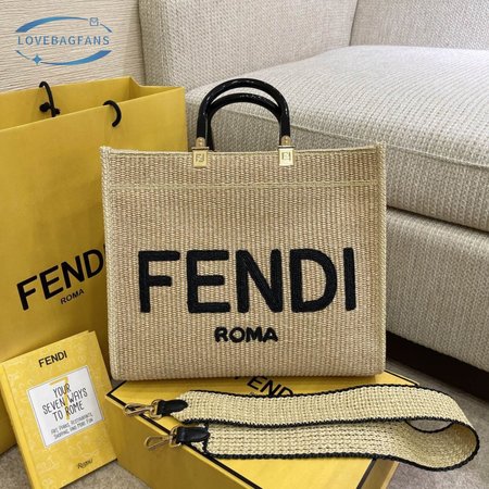 Fendi Straw Large Sunshine Handbag Beige