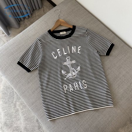 Celine Anchor Striped Jersey 70s Style T-Shirt Fluorescent White/Black