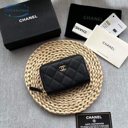 Chanel Zip Coin Purse Quilted Caviar Gold-tone Black