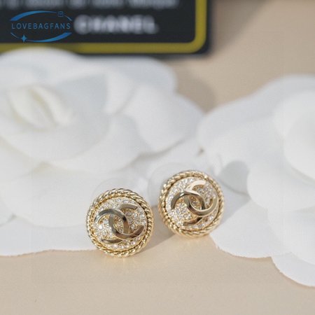 Chanel Double C Round Full Diamond Stud Earrings