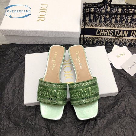 Dior Dway Heeled Slide Green Cotton Embroidered with Metallic Thread and Strass