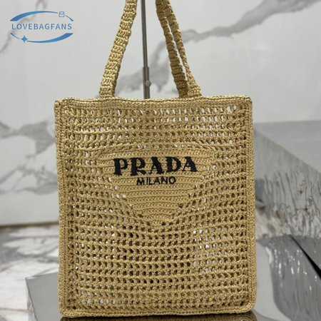 Prada Logo-Print Raffia Tote