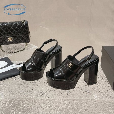 Chanel Sandal Patent Crumpled Lambskin Black