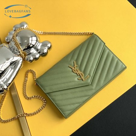 Saint Laurent Monogram Embossed Light Sage Leather Chain Wallet