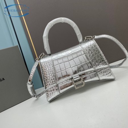 Balenciaga Metallic Shiny Calfskin Crocodile Embossed Hourglass Top Handle Bag