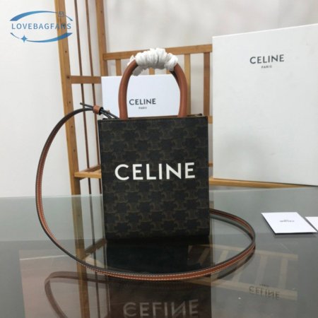 Celine Mini Vertical Cabas In Triomphe Canvas And Calfskin With Celine Print