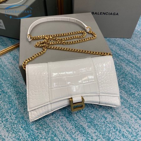 Balenciaga Hourglass Wallet On Chain Crocodile Embossed In White 9016