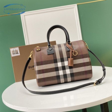 Burberry Check And Leather Medium Bowling Bag Dark Birch Brown 80523481