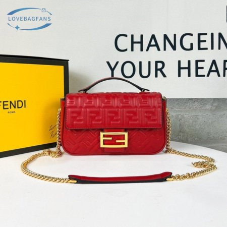 Fendi Baguette Chain Midi Red Leather Bag