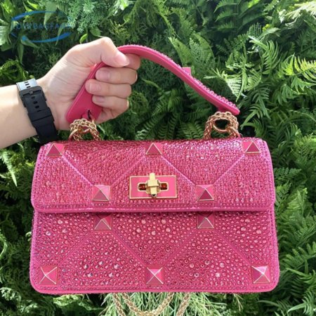 Valentino Medium Roman Stud The Shoulder Bag Chain With Sparkling Embroidery Pink