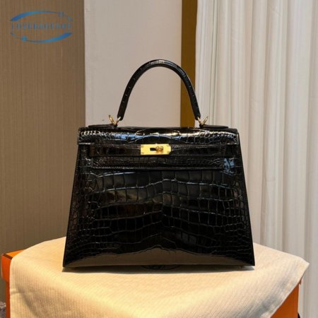 Hermes Kelly 25 HSS Sellier Black Shiny Alligator Brushed Gold Hardware