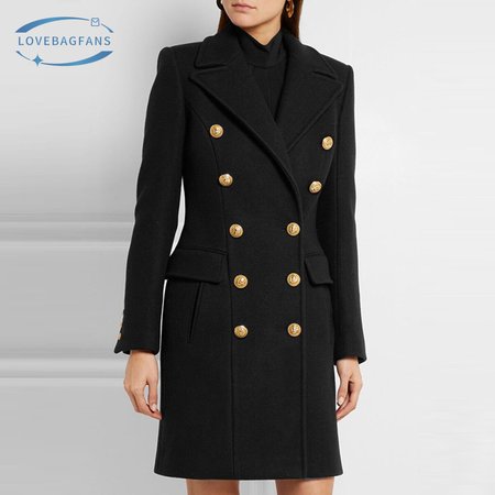 Balmain Black Double Breasted Gold Button Wool Coat