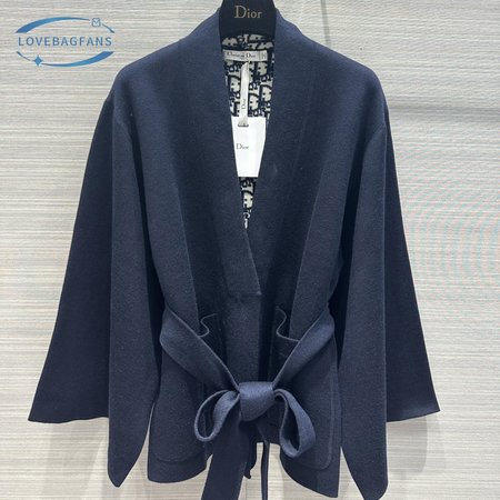 Dior Belted Kimono Jacket Navy Blue Double-Sided Wool And Silk With Dior Oblique Interior