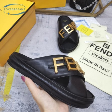 Fendigraphy Black Leather Slides 35-45