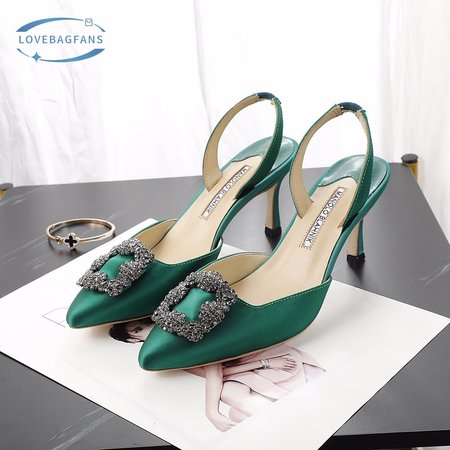 Manolo Blahnik Green Satin Jewel Buckle Slingback Pumps 35-42